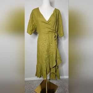 Vanessa Zani Dress Adult Small Green All Linen Wrap Bohemian Midi Ladies